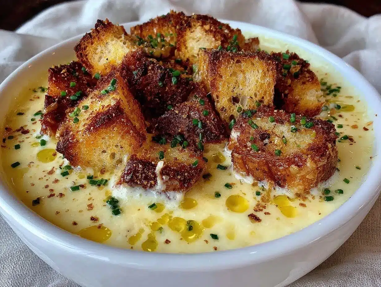 Cremige Käse-Lauch-Suppe mit Croutons: 3 Zutaten für Gäste 3 Cremige Käse-Lauch-Suppe mit Croutons preparation steps