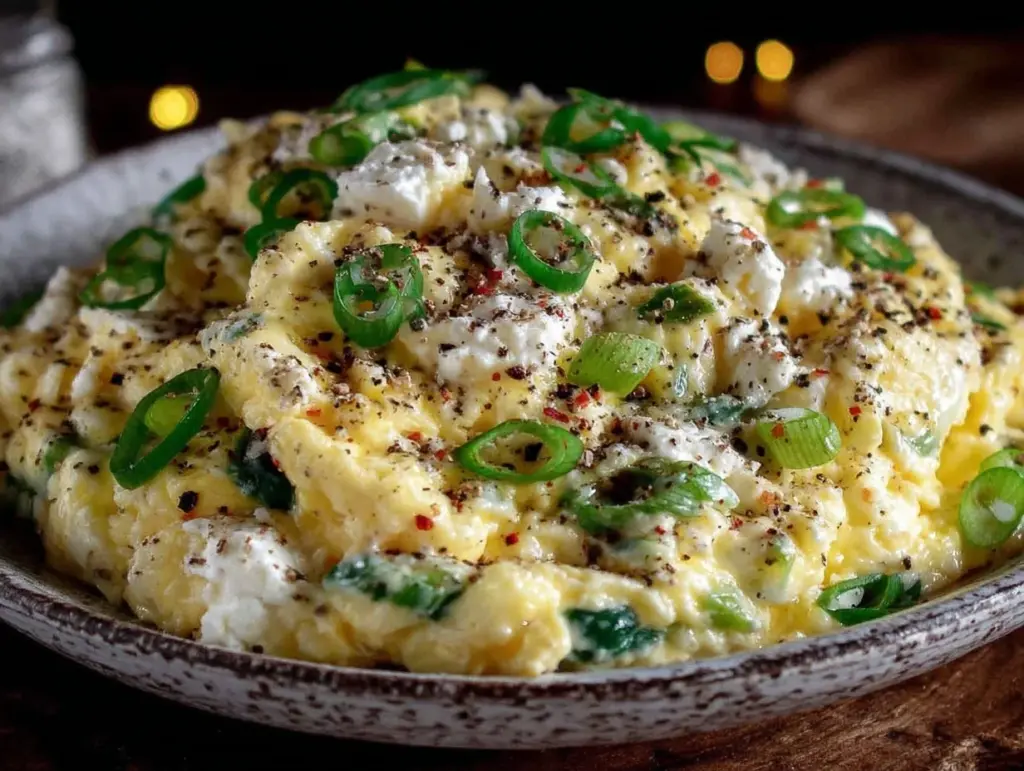 cremiges Rührei mit Frühlingszwiebeln und Käse - featured image